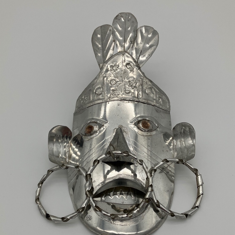 Vintage Mexican Folk Art Metal Mask Hojalata Silver Warrior Hand Punched Tin